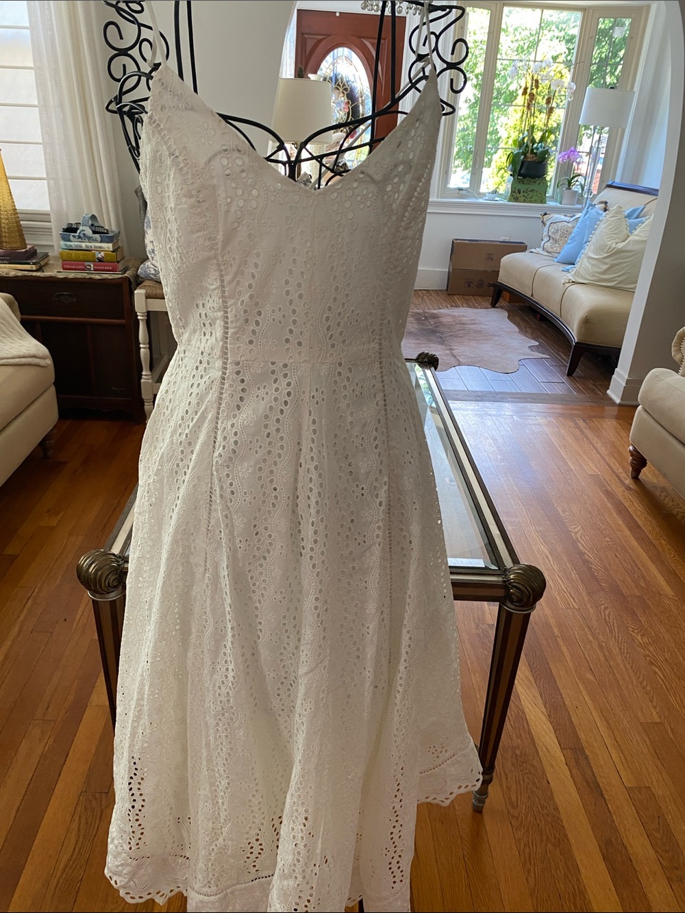 LoveShackFancy White Eyelet Midi Dress with V-Neck